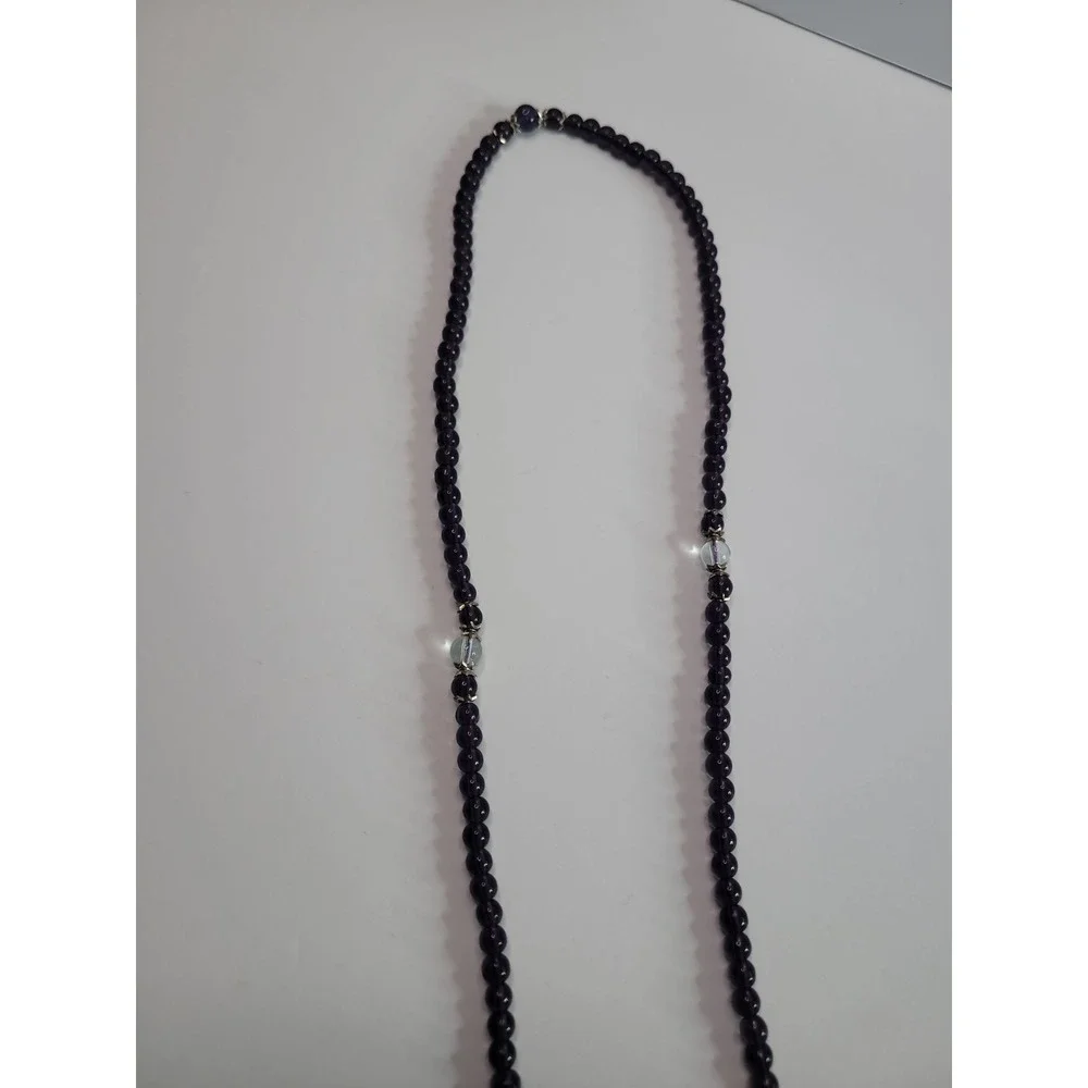 Purple Beaded Long Necklace Silver Tone Accent Drop Boho Layering Statement
